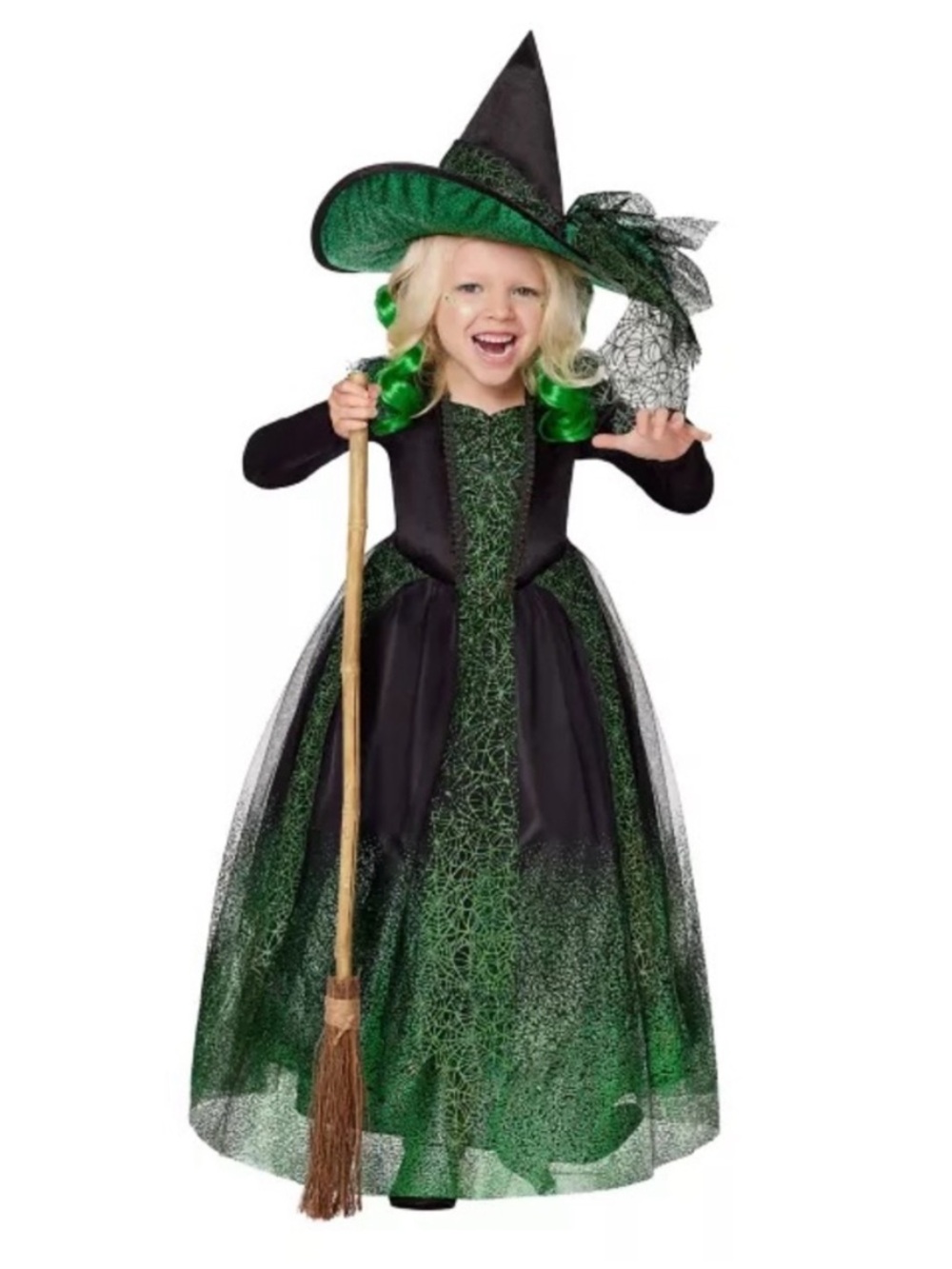 Spirit Halloween 3T-4T Black & Green sparkly witch costume. Elphaba Poison Witch